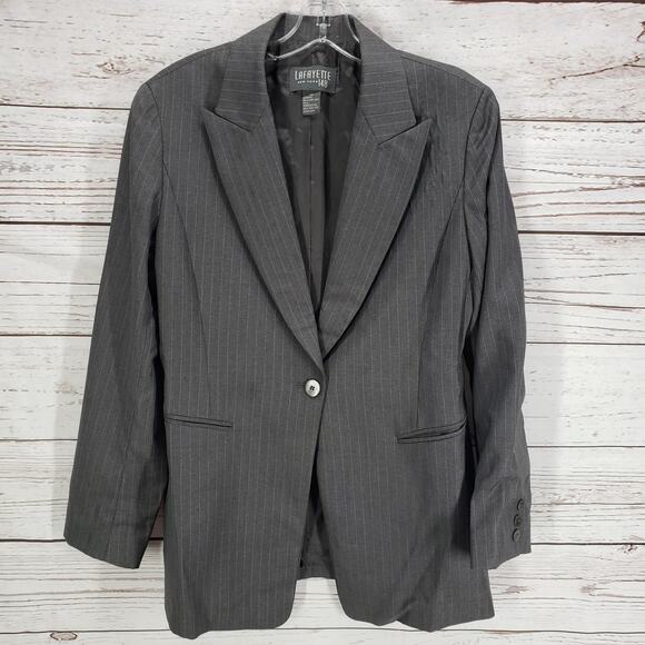 Lafayette 148 New York Gray Pinstriped 100%Wool Blazer Jacket Size 10 - Picture 2 of 15